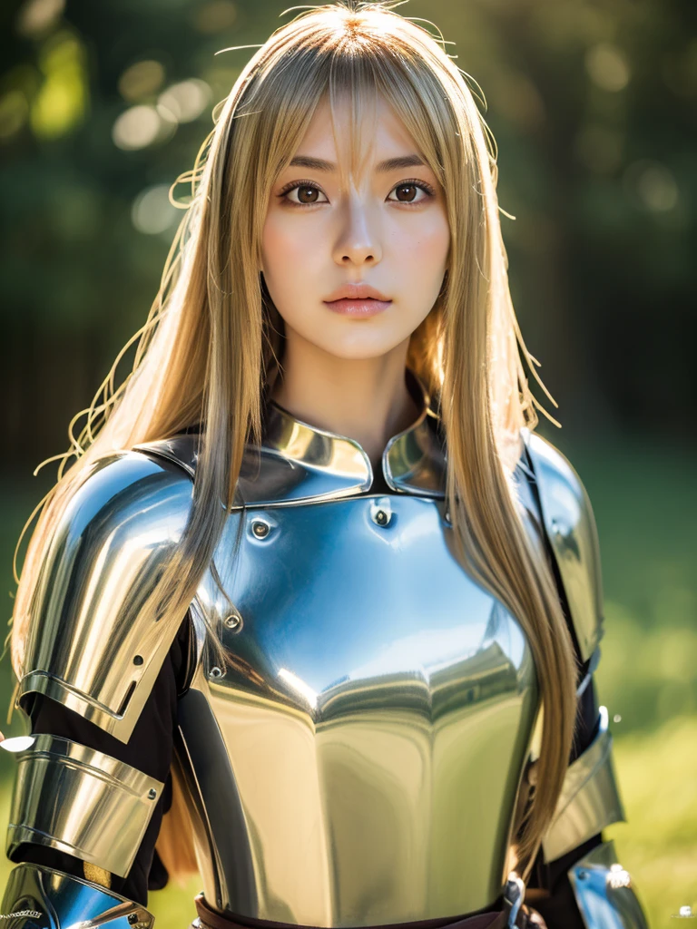 (masterpiece, best quality:1.4), (8k, raw photo, photo realistic:1.2), (shiny skin), detailed skin, detailed face, detailed eyes, 8k portrait, calm Japanese woman, 25 years old, Brown eyes , beautiful, (), female knight cosplay costume, blonde Long straight hair, old castle, (), stare into the distance, full body, divine light