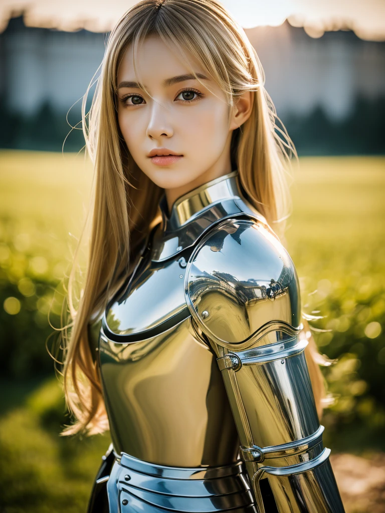 (masterpiece, best quality:1.4), (8k, raw photo, photo realistic:1.2), (shiny skin), detailed skin, detailed face, detailed eyes, 8k portrait, calm Japanese woman, 25 years old, Brown eyes , beautiful, (), female knight cosplay costume, blonde Long straight hair, old castle, (), stare into the distance, full body, divine light