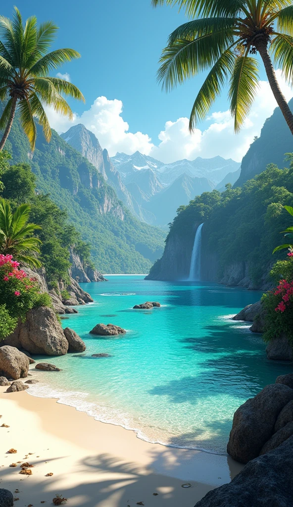 "Create a series of ultra-realistic, 8K resolution images of breathtaking, paradisiacal landscapes. Each image should capture different natural settings, all with vibrant and rich details:
Tropical Beach: A pristine, white-sand beach with crystal-clear turquoise waters gently lapping the shore. The sky is a brilliant blue, with a few wispy clouds, and the sunlight sparkles on the water. Palm trees sway gently in the breeze, casting soft shadows on the sand.
Mountain Lake: A tranquil lake nestled in the mountains, with glassy water reflecting the towering, snow-capped peaks and lush green forests. The scene is serene, with a gentle mist rising from the water and wildflowers blooming along the shore.
Waterfall in the Jungle: A majestic waterfall cascading down a steep cliff, surrounded by dense, emerald-green jungle. The water crashes into a crystal-clear pool below, where the sunlight filters through the canopy, creating rainbows in the mist. The surrounding vegetation is lush and vibrant, with exotic flowers and ferns.
Sunset Over the Ocean: A stunning sunset over a vast ocean, with the sky painted in hues of orange, pink, and purple. The sun is just dipping below the horizon, casting a warm, golden glow across the water. Gentle waves roll in, catching the last light of the day, while distant islands are silhouetted against the colorful sky.
Desert Oasis: An enchanting desert oasis with a small, shimmering pool of water surrounded by tall, graceful palm trees. The golden dunes stretch out in all directions, with the soft light of dawn or dusk casting long shadows and highlighting the intricate patterns in the sand.
Each scene should evoke a sense of peace, beauty, and wonder, with meticulous attention to detail in the natural elements, lighting, and colors."