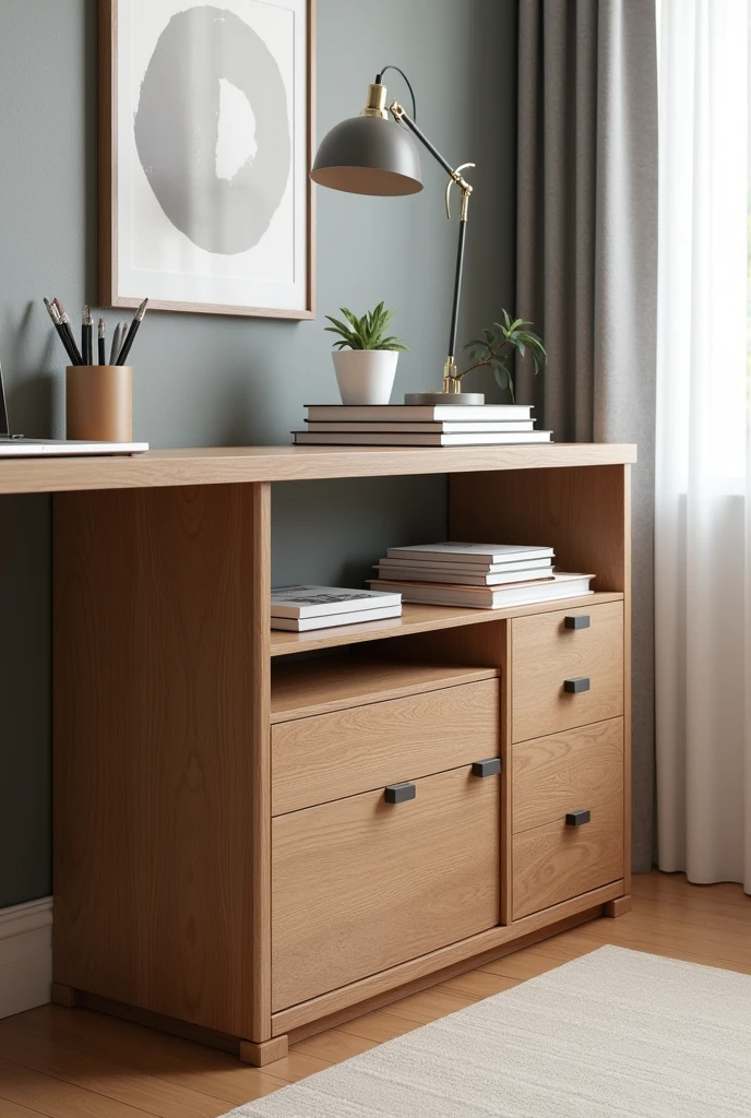 A desk side cabinet
 organized 
