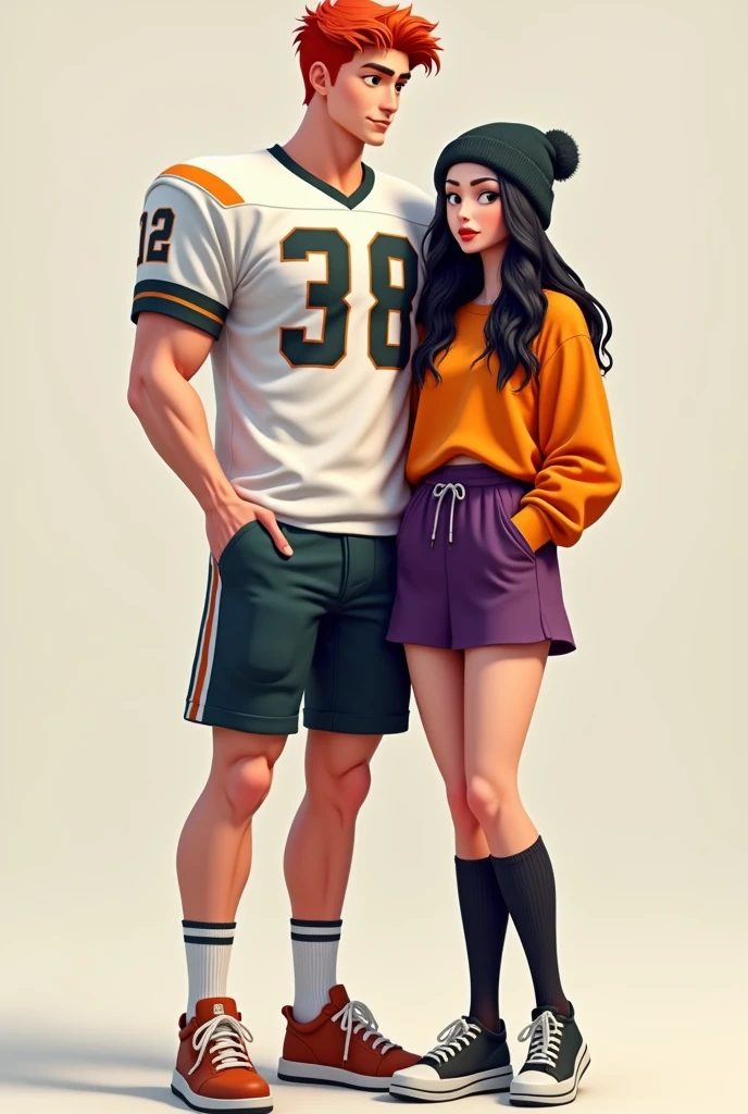 Tall boy in football uniform, semi-short red hair and white skin with his short girlfriend with semi-long black hair wearing a black beanie with an orange blouse and a purple skirt with high socks