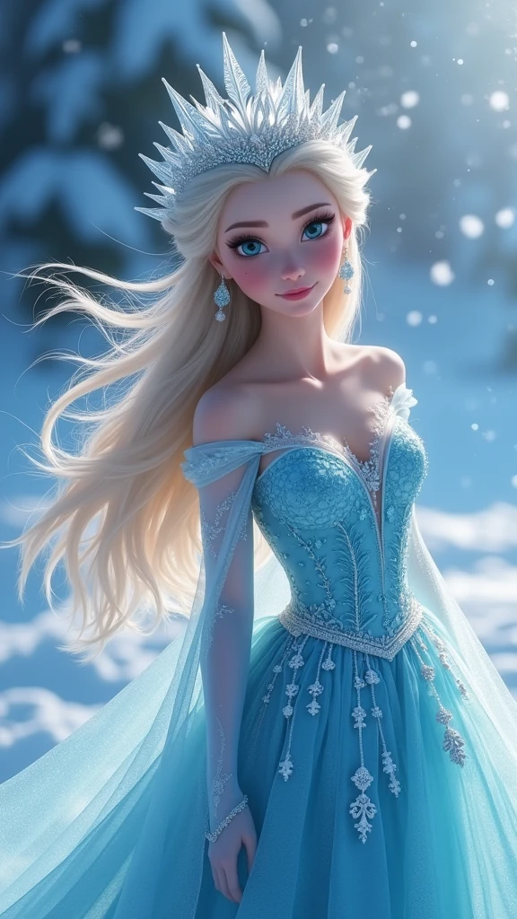 masterpiece, best quality, HD, Delicate texture, Real People,Realistic style,Ice dress, Ice Crown, Fantasy Art,Flowing long hair, Sparkling snowflakes, Ice Palace, Vibrant colors, Movie Lighting,Looking at the camera