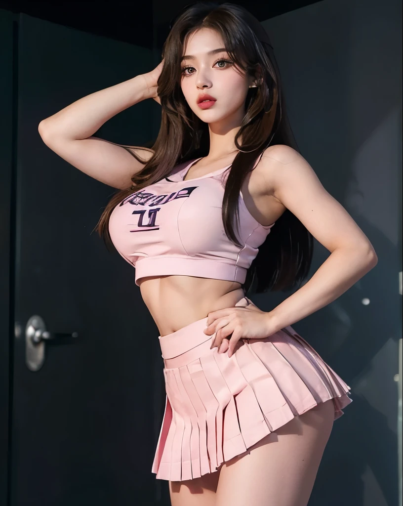 1 Girl, (Purple Eyes), (Tempting face :1.2), (Minatozaki Sana), (black makeup :1.2), Wide hips, (Large target :1.1), (Large target ass), (Thin waist :1.2), muscle, (best quality, 8K, masterpiece: 1.3), Be focused: 1.2, Perfect body beauty: 1.4, (Strong abdominal muscles), Highly detailed face and skin textures, Delicate eyes, Double eyelids, (Glowing skin :1.2), (Brown long straight hair :1.2), (Pink Cheerleader Mini Pleated Skirt :1.3), (cleveage :1.2),,(Close-up of face :1.2), baby face,At the Games