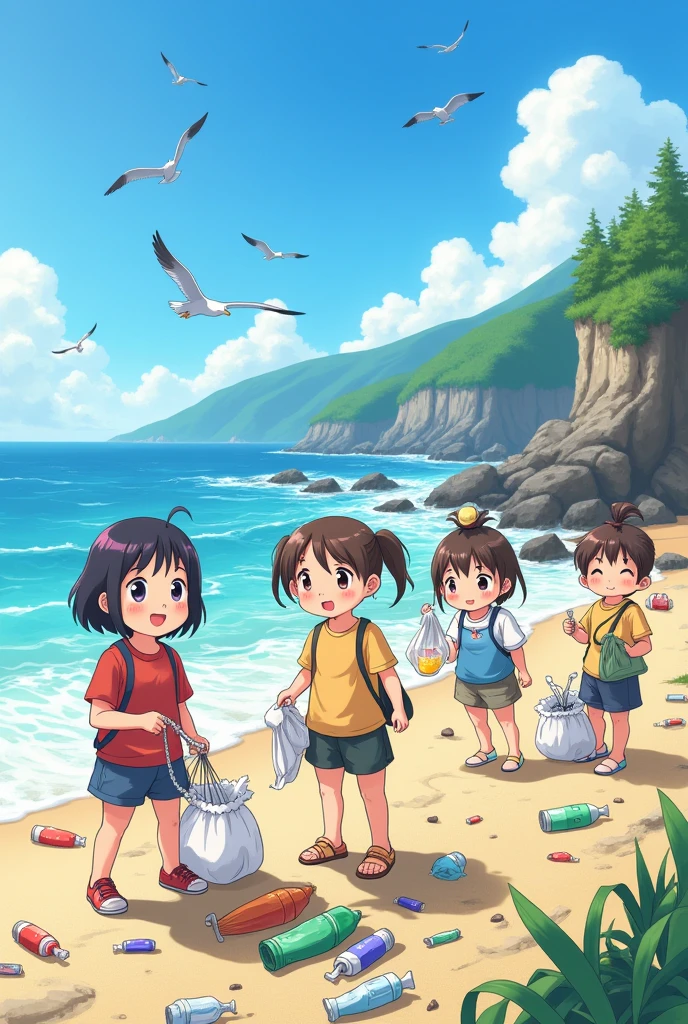 anime,cute,Children,Picking up rubbish,Ocean