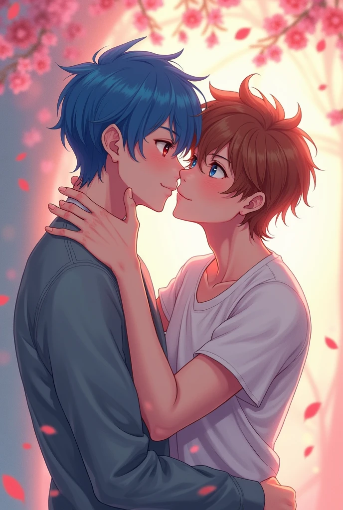 A man with blue hair and red eyes kissing another man with brown hair and blue eyes on the cheek in anime style