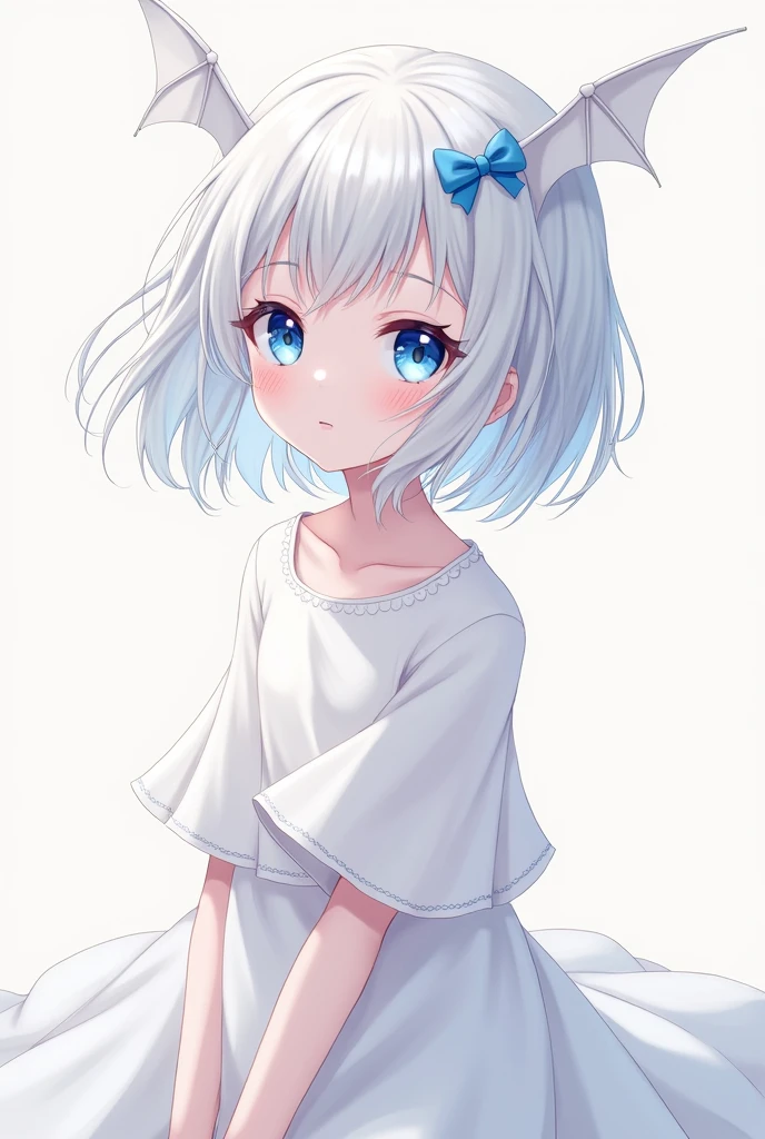 anime girl white hair, blue eye, white top and white skirt, shorth hair, detail of small white bat wing on head with small blue bow on head 