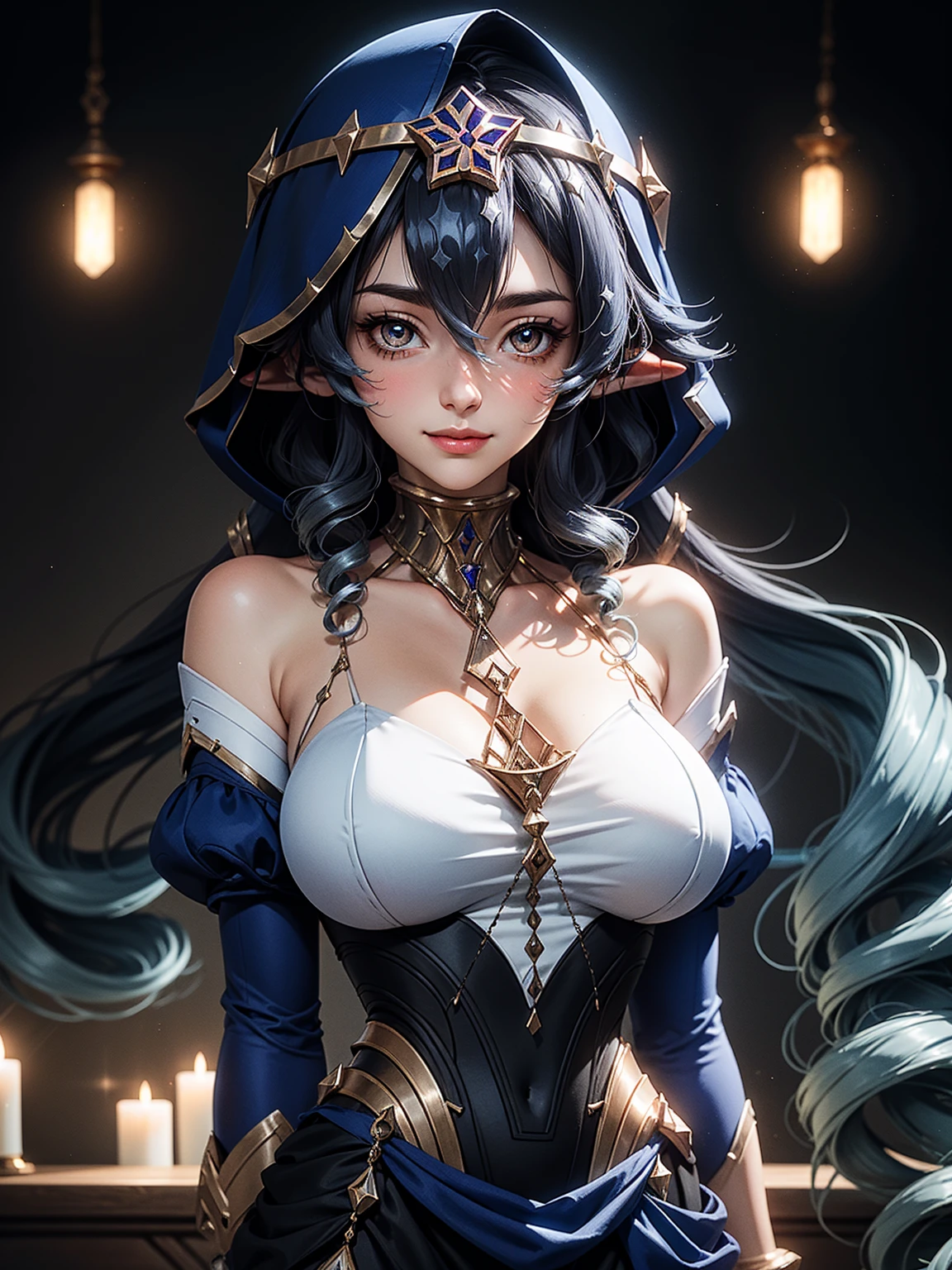 masterpiece, Super detailed, high quality, 8k CG, Huge breasts, layladef, night, blush, smile, Bright Eyes, Are standing, (Shining Eyes:1.5), Upper body details, Arms crossed,