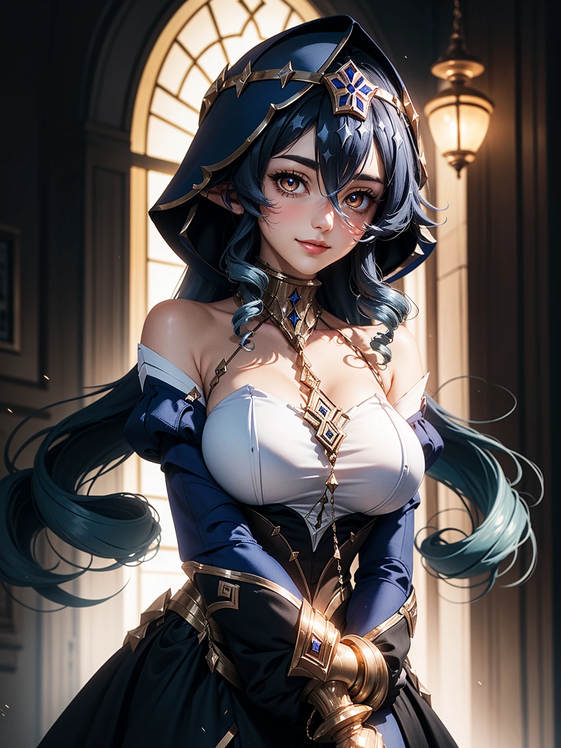 masterpiece, Super detailed, high quality, 8k CG, Huge breasts, layladef, night, blush, smile, Bright Eyes, Are standing, (Shining Eyes:1.5), Upper body details, Arms crossed,