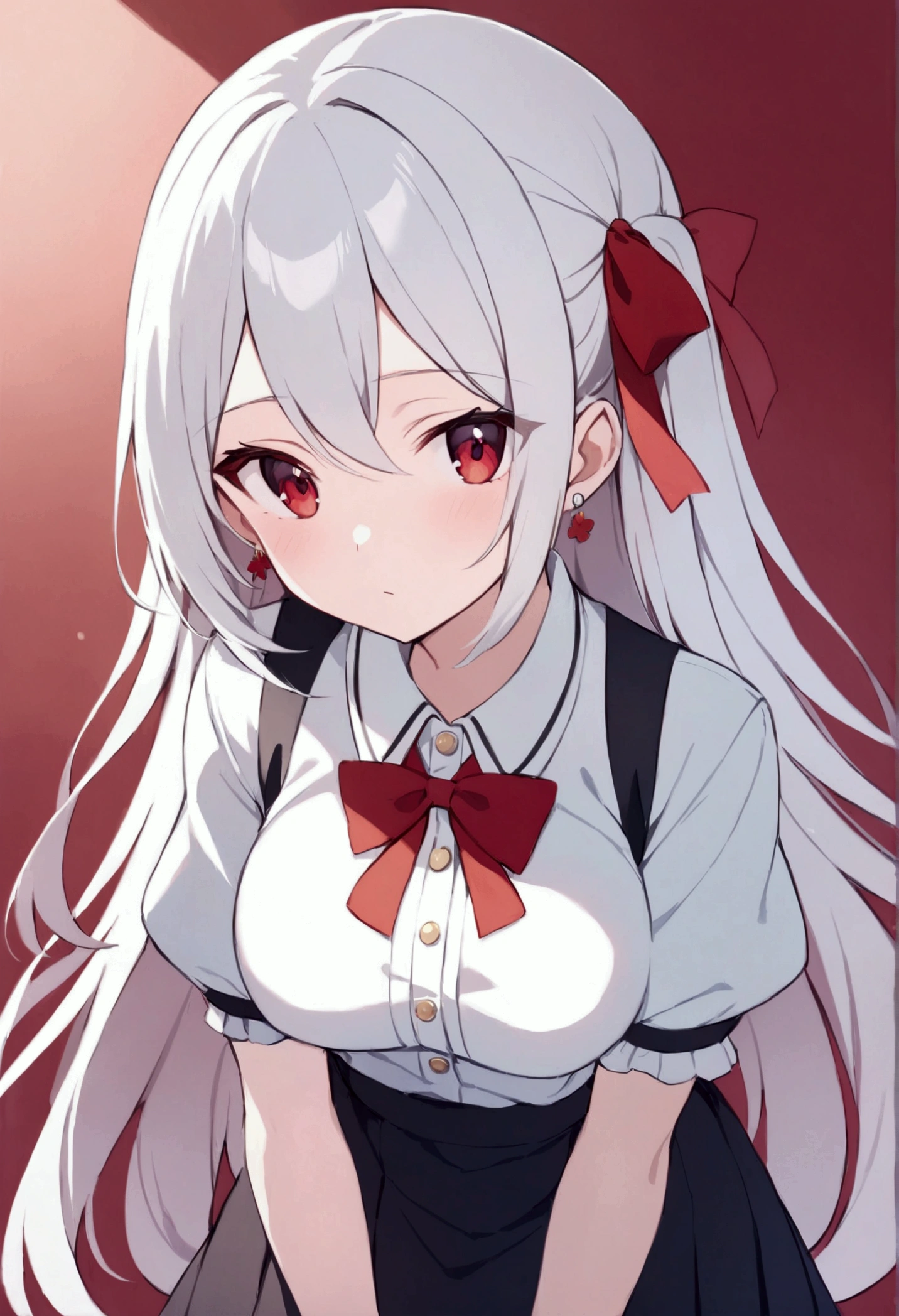 (quality,pixiv,
vinegar,1 girl,solitary,earrings,Jewelry,Red Eyes,Red background,Chest,Ribbon,Long hair,Looking at the audience,hair Ribbon,Simple background,like \(destiny\),Sakura Kirito,Bangs,large Chest,Short sleeve,black skirt,red Ribbon,transparent,Residence,skirt,White hair,White hair,Puff sleeves,Buttons,red bow,bow,