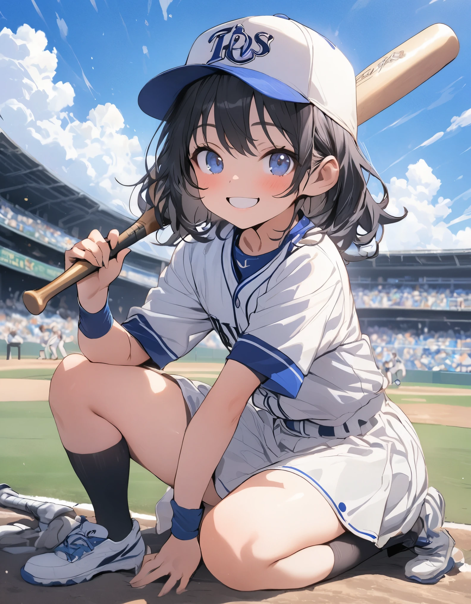 Masterpiece,  girl, Black hair, short ha, Baseball club, wears uniform, put on a cap, holding a baseball bat, blue sky, smile, big cloud, baseball Ground, full body