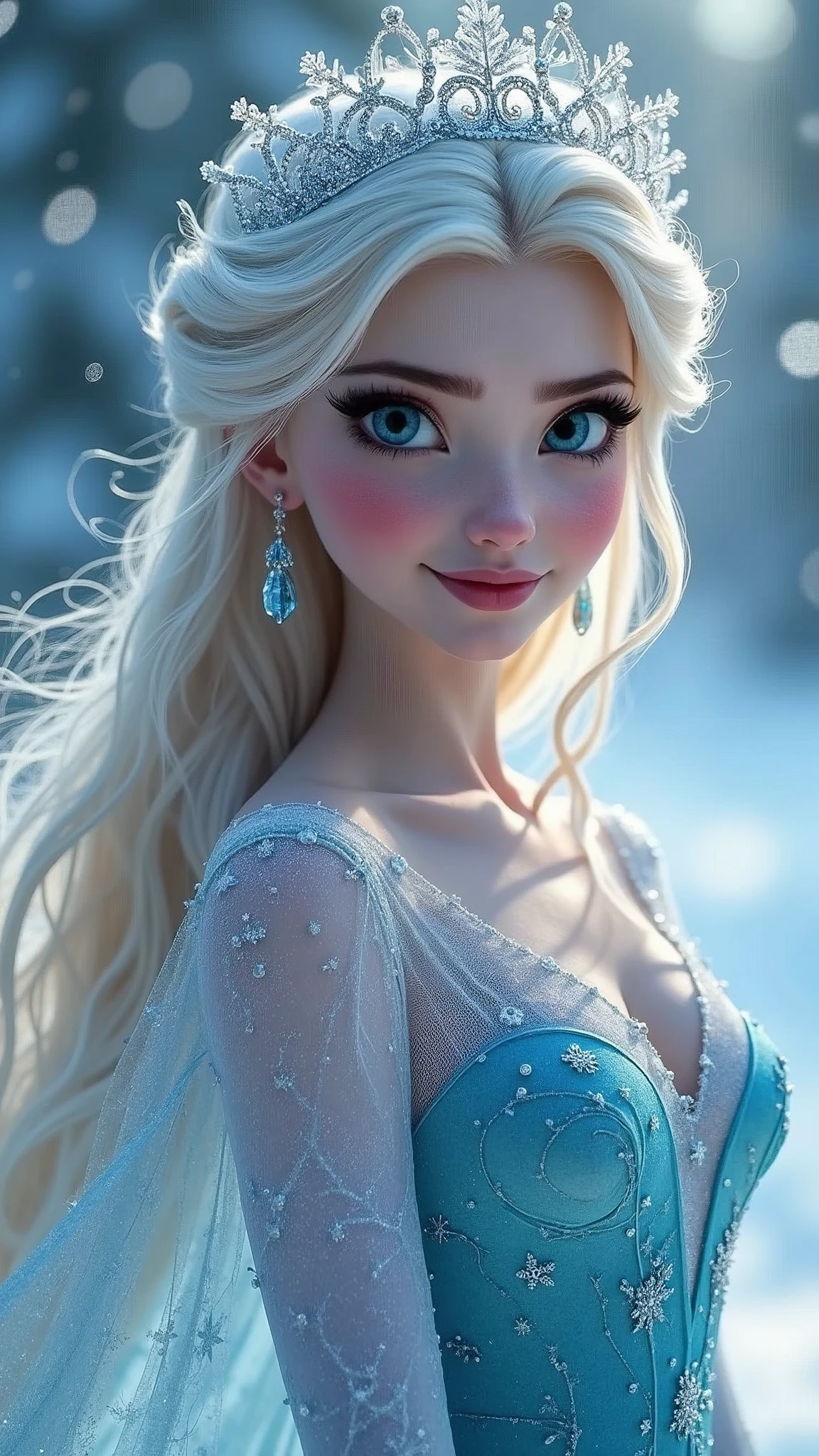 masterpiece, best quality, HD, Delicate texture, Real People，Realistic style，Ice dress, Ice Crown, Fantasy Art,Flowing long hair, Sparkling snowflakes, Ice Palace, Vibrant colors, Movie Lighting，Looking at the camera