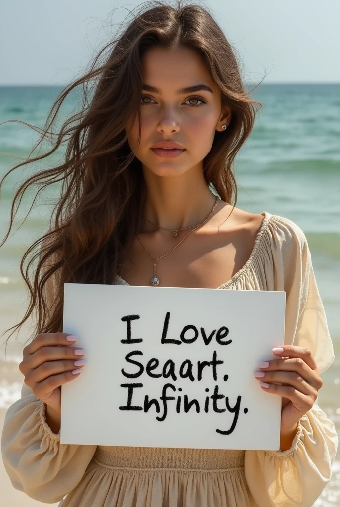 Beautiful girl with wavy long hair, bohemian dress, holding a white board with text "I Love Seaart Infinity" and showing it to the viewer