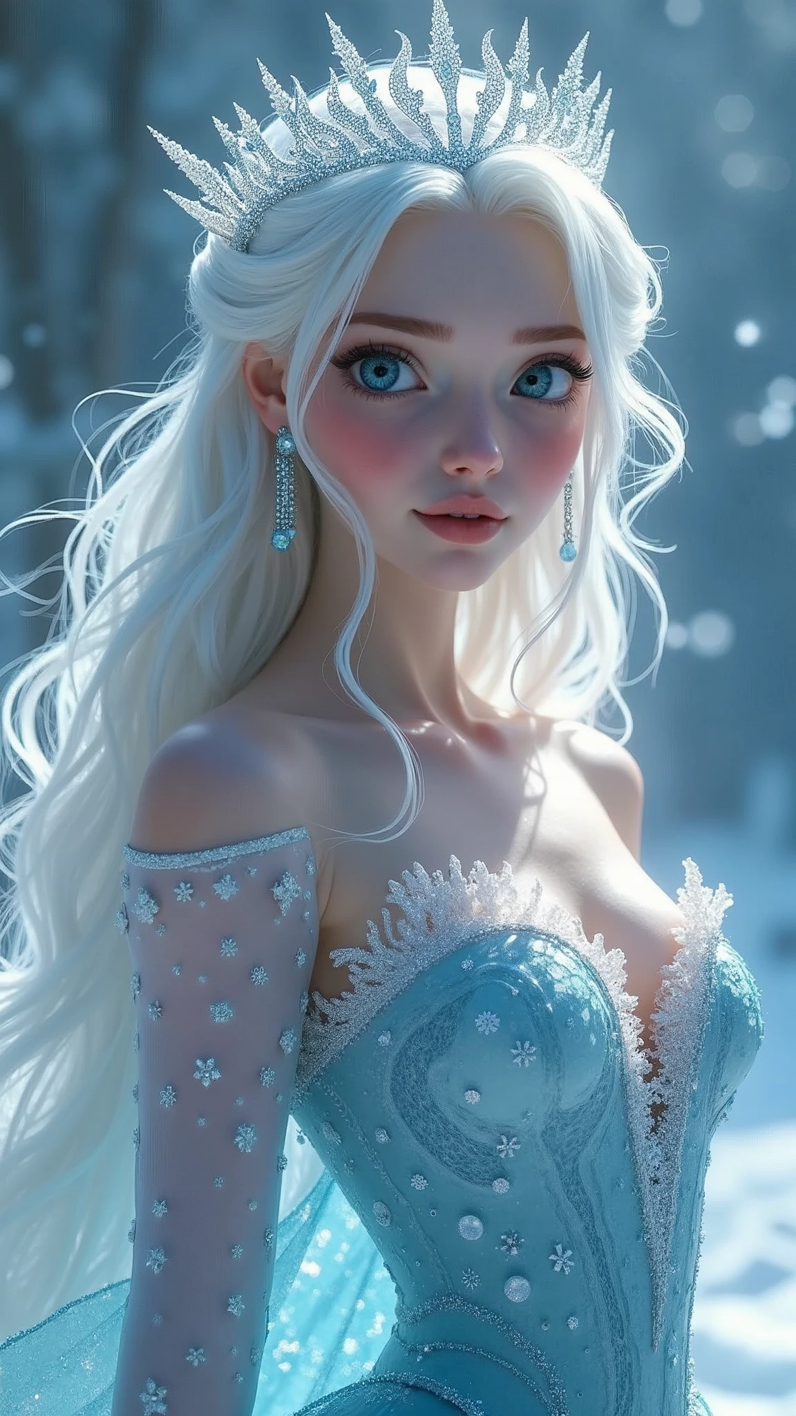 masterpiece, best quality, HD, Delicate texture, Real People,Realistic style,Ice dress, Ice Crown, Fantasy Art,Flowing long hair, Sparkling snowflakes, Ice Palace, Vibrant colors, Movie Lighting,Looking at the camera