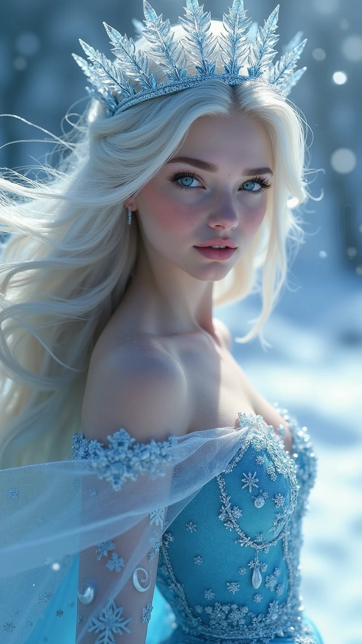 masterpiece, best quality, HD, Delicate texture, Real People，Realistic style，Ice dress, Ice Crown, Fantasy Art,Flowing long hair, Sparkling snowflakes, Ice Palace, Vibrant colors, Movie Lighting，Looking at the camera