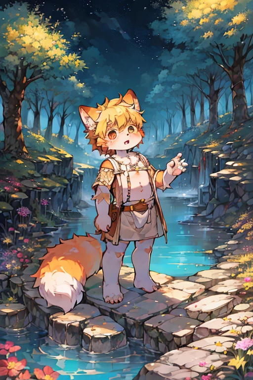 masterpiece,high quality,abstract res,number\(artwork\), From dagasi, Yes,Seizan,(Flower Charcoalo,Fluffy fur,character focus:1.1),Flower Charcoalo male cat,short hair,portrait , Bright eyes, panoramic, character focus.(Detailed background:0.7), solo, hairy, hairy male, Male focus, Masterpiece of time,high quality,abstract res,number\(artwork\), From dagasi, Yes,Seizan,(Flower Charcoalo,Fluffy fur,character focus:1.1),Human male fox,Bright eyes, panoramic, character focus.(Detailed background:0.6), solo, hairy, hairy male, Male focus, Flower Charcoal,(Hairy all over, Hairy tail)fur,A five-year-old boy,cute,Hip bulge,Toddler,Blood-red pupils,A tail with a white tip,The ends of the limbs are white,Cute meat pads,Claw,cute boys,The ear tips are orange,Big hairy ears,Hairy big tail,Reasonable composition,Pale yellow hair,adventurer clothing,Brown cloth bag,In the woods,Extremely fine water,White loincloth,Slightly reddened,Dress coolly,Blonde short hair,Thin children,Blonde hair,cute child,cute little adventurer,Be open-minded,Ultra-clear, smile, blink eyes, happy, laugh.