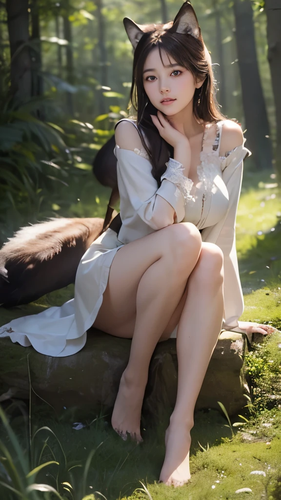 (8k, RAW photo, best quality, masterpiece), (photorealistic), outstanding details, ultra-high resolution, anatomically correct, textured skin, (Extremely precise and accurate anatomy),
Ultra Detailed Face, Detailed Eyes,
One girl, (whole body:1.4), (full body:1.4), Cute Japanese girl , 20-year-old, ( Wolf Ears) , (wolf tail:1.4),
(faint smile), (Mouth slightly open), (cuspid) ,
Side braids, Brown Hair,
curvy,
Medieval European Costume,
in the forest, grassland, wilderness, Forest,
Background blur, far and near method,
morning sun, (backlighting),
reflection light from below,
atmospheric perspective, depth of field,
(dramatic lighting), cinematic lighting,
Artistic, Baroque, Cinematography, Portrait Photography,