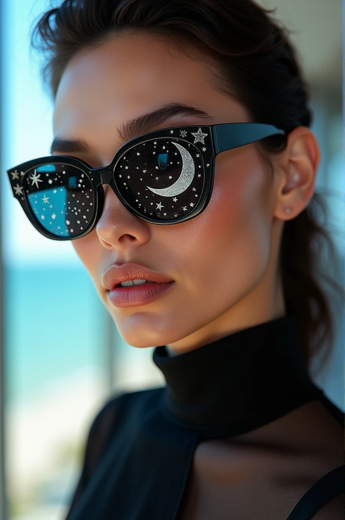 The model is wearing glass sunglasses with stars and the moon on the glass