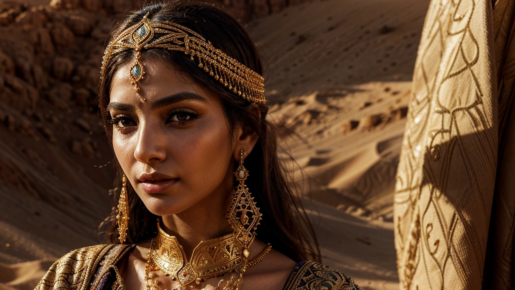 a beautiful arabic woman, detailed face, detailed eyes, long eyelashes, beautiful lips, golden jewelry, ornate headpiece, intricate embroidered clothing, flowing fabric, desert landscape, warm lighting, photorealistic, highly detailed, cinematic, dramatic, wide desert background