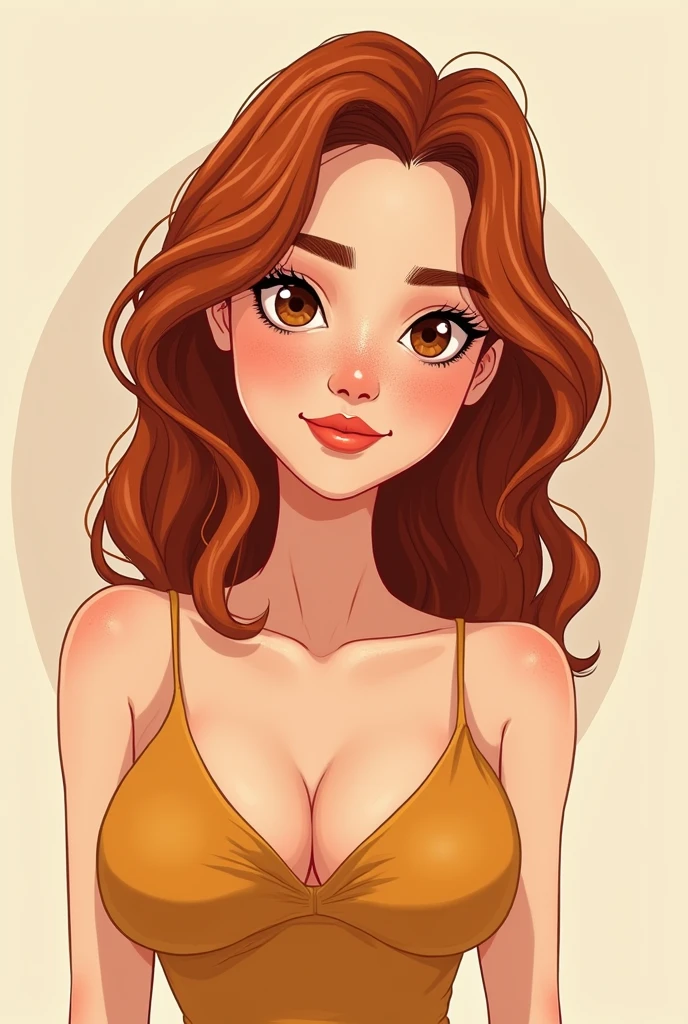 Cartoon of a 29-year-old Venezuelan girl, White skin color, brown eye color, shoulder length copper hair color, The hair is between straight and wavy, She has some freckles on her nose but very subtle, Her nose is small and her lips are slightly thin but with a slightly pronounced cupid's bow., is thin, but thin healthy, stomach 1,50 cm