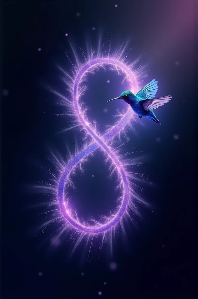 Black background, Infinity symbol made with violet rays and a blue and violet hummingbird