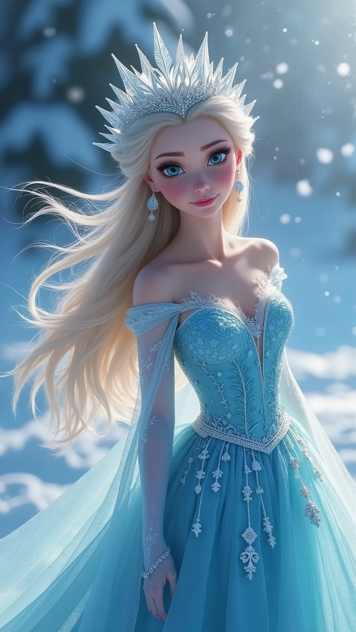 masterpiece, best quality, HD, Delicate texture, Real People,Realistic style,Ice dress, Ice Crown, Fantasy Art,Flowing long hair, Sparkling snowflakes, Ice Palace, Vibrant colors, Movie Lighting,Looking at the camera