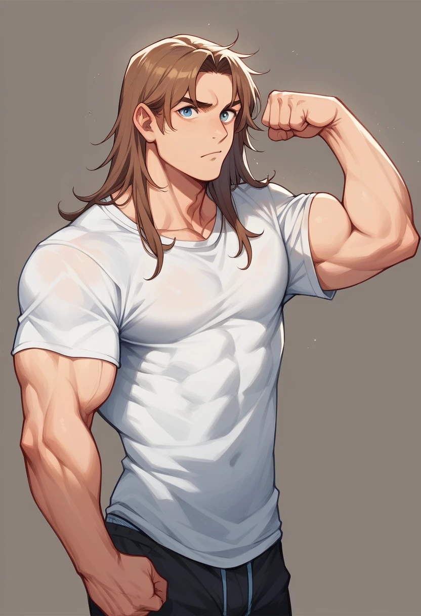 A handsome, blue-eyed, brown-haired, shirtless, t-shirt-wearing, long, loose hair, flexing his biceps, really attractive, and only in his underwear.