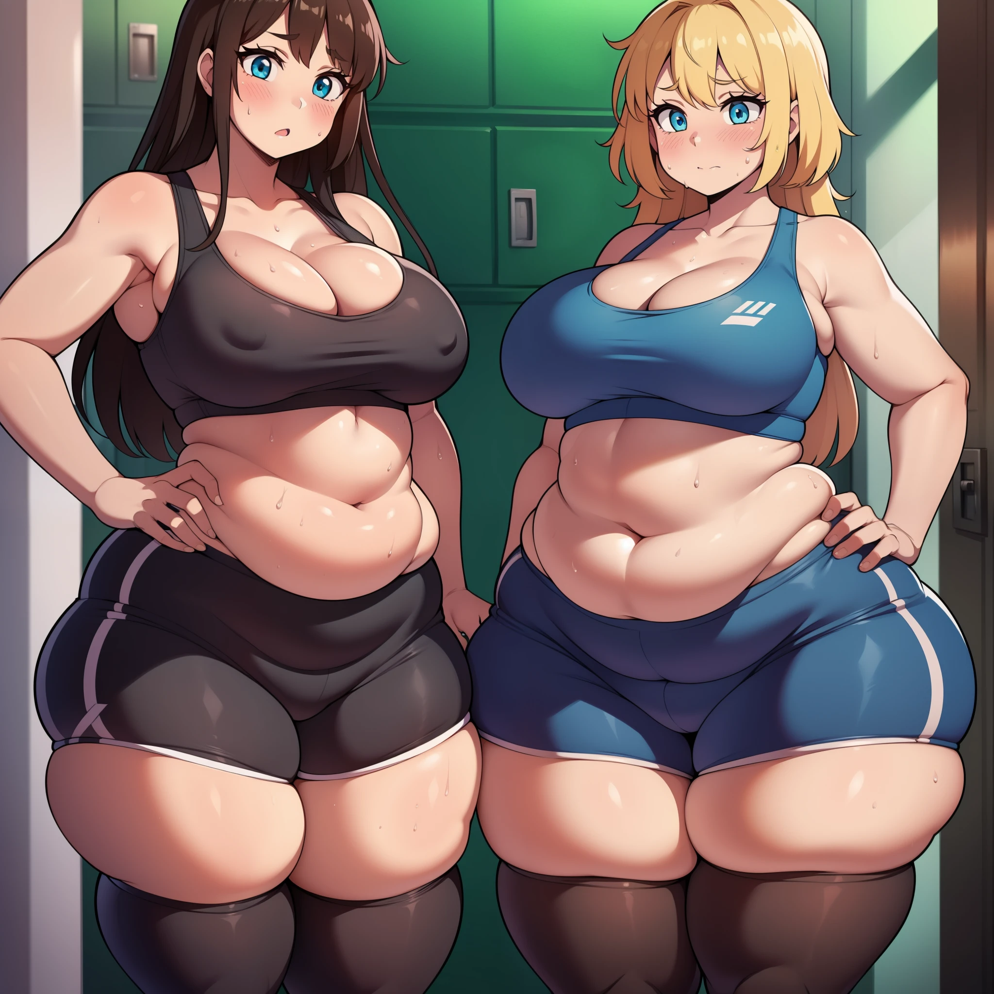((highres)), Masterpiece, high quality, best quality, beautiful, perfect lighting, detailed face, ultra cute face, ((2girls)), ((blush)), embarrassed, out of breath, sweaty, one girl has blonde hair, blue eyes, sports bra, sport shorts, one girl has brown hair, green eyes, sports bra, sport shorts, locker room, cleavage, medium breasts, ((wide hips)), (thick thighs), ((chubby)), chubby belly, belly grab, fat folds, standing next to each other,