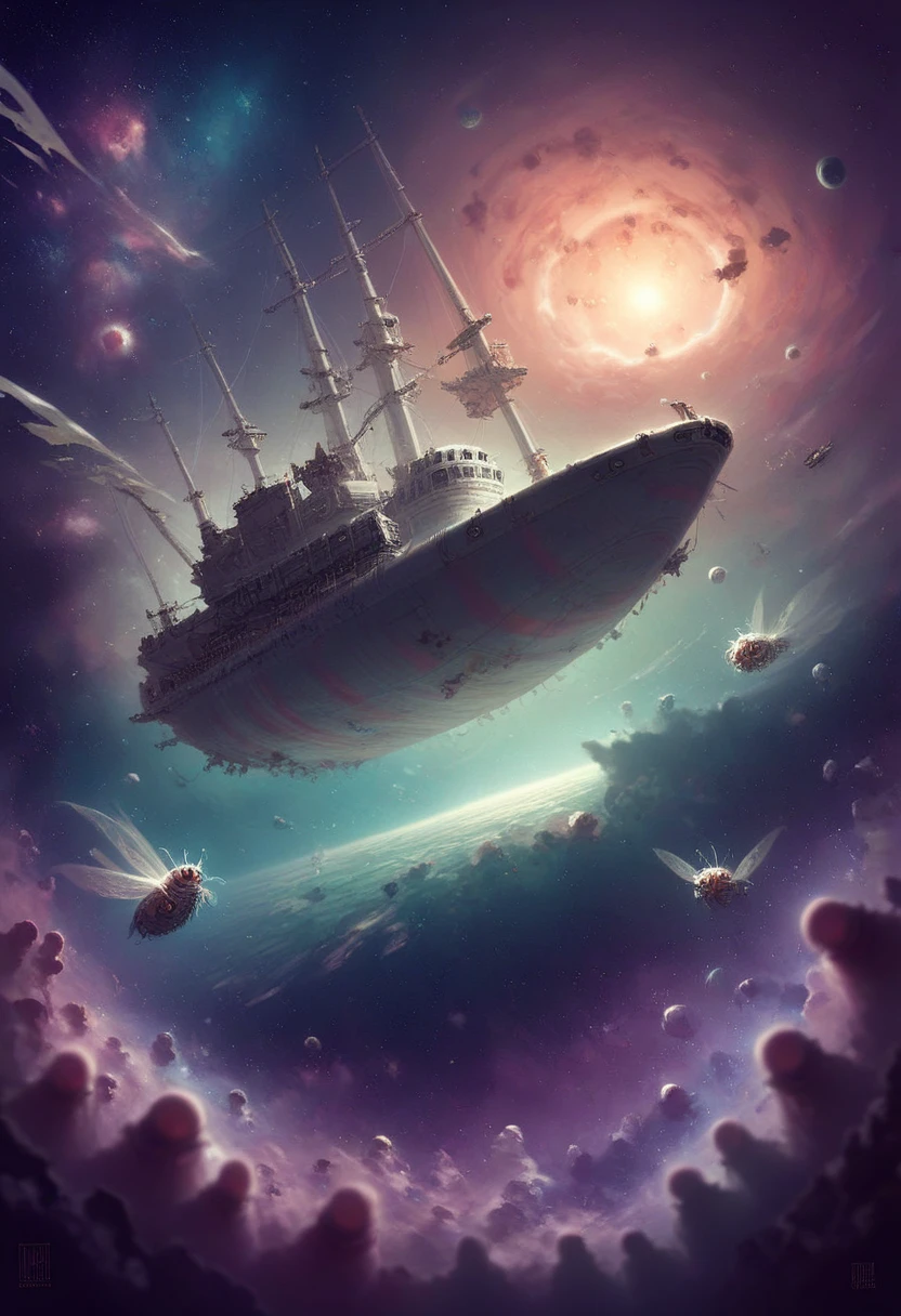 A titanic spaceship, flying through space, In the middle of this a creature of cosmic horror, similar to a multi-legged sharp-legged insect, ripped the outside of the ship, is outside the ship, in space many bodies, Soldiers and scientists floating in the dark, deep emptiness of space 