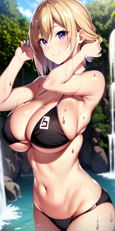 (Best Quality:1.3), big breasts, blonde hair,fixing her hair, but wet, violet eyes, naked, bikini, smiling, soggy:1.2, waterfall background, (to throw, shooting they seek)
