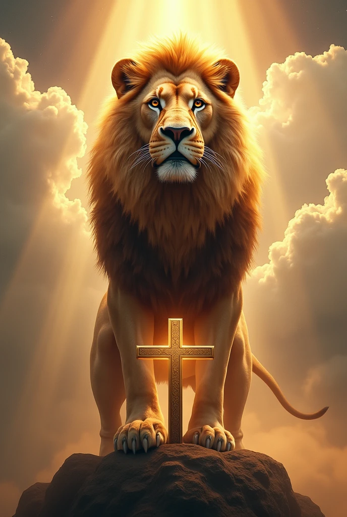 Make a realistic lion with a cross below the lion with clouds and sun rays around it