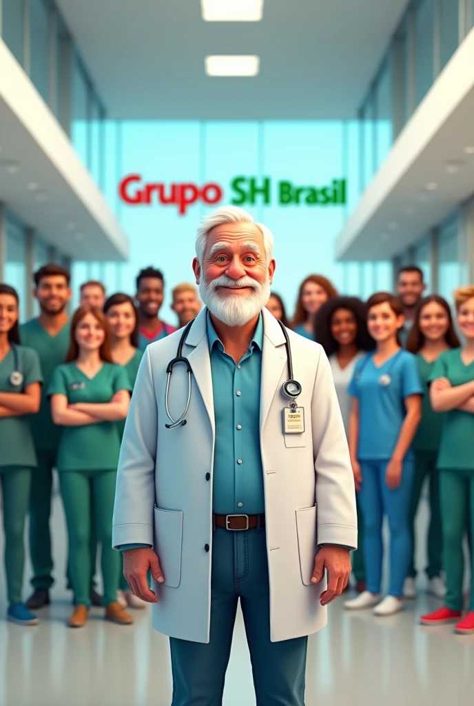 Create the image of a man of average height, medium body, 80 years old with a short white beard, friendly face and doctor's dress with light blue dress shirt and jeans underneath the lab coat. In the background of the image, a medical center with the name 'Grupo SH Brasil' should appear in green and red.. The man must be surrounded by 15 health and hygiene professionals with black and white skin tones.. The image must be in Disney or Pixar layout.