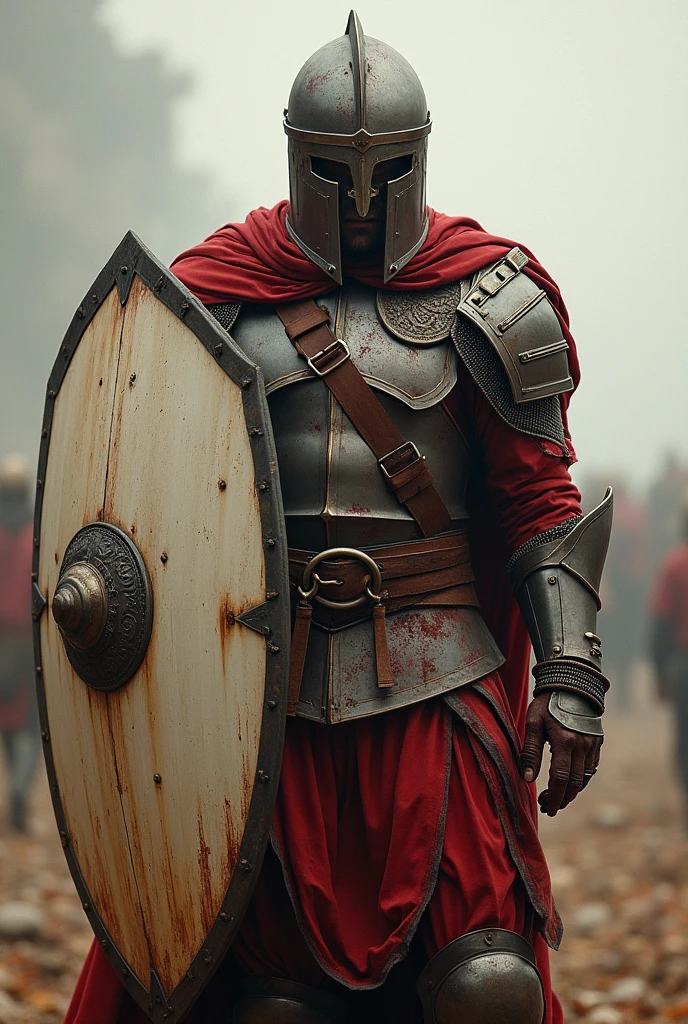 I need the image of a warrior with a shield after the battle, bloody and with torn clothes  , after the fight , The shield is glorious in elongated white
