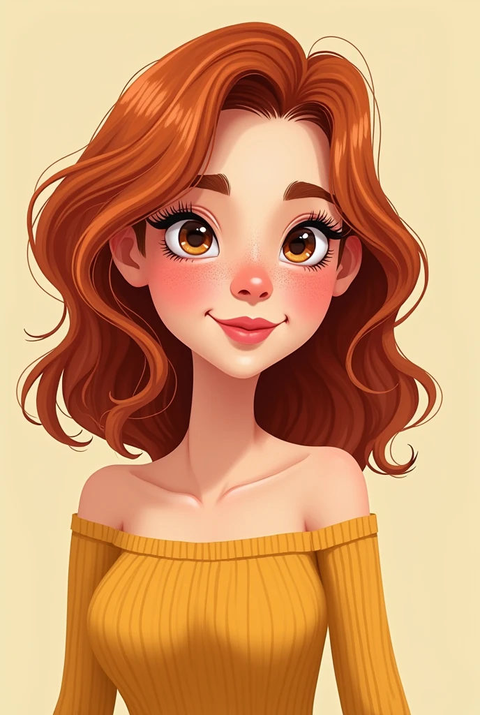 Cartoon of a 29-year-old Venezuelan girl, White skin color, brown eye color, shoulder length copper hair color, The hair is between straight and wavy, She has some freckles on her nose but very subtle, Her nose is small and her lips are slightly thin but with a slightly pronounced cupid's bow., is thin, but thin healthy, stomach 1,50 cm, small breasts