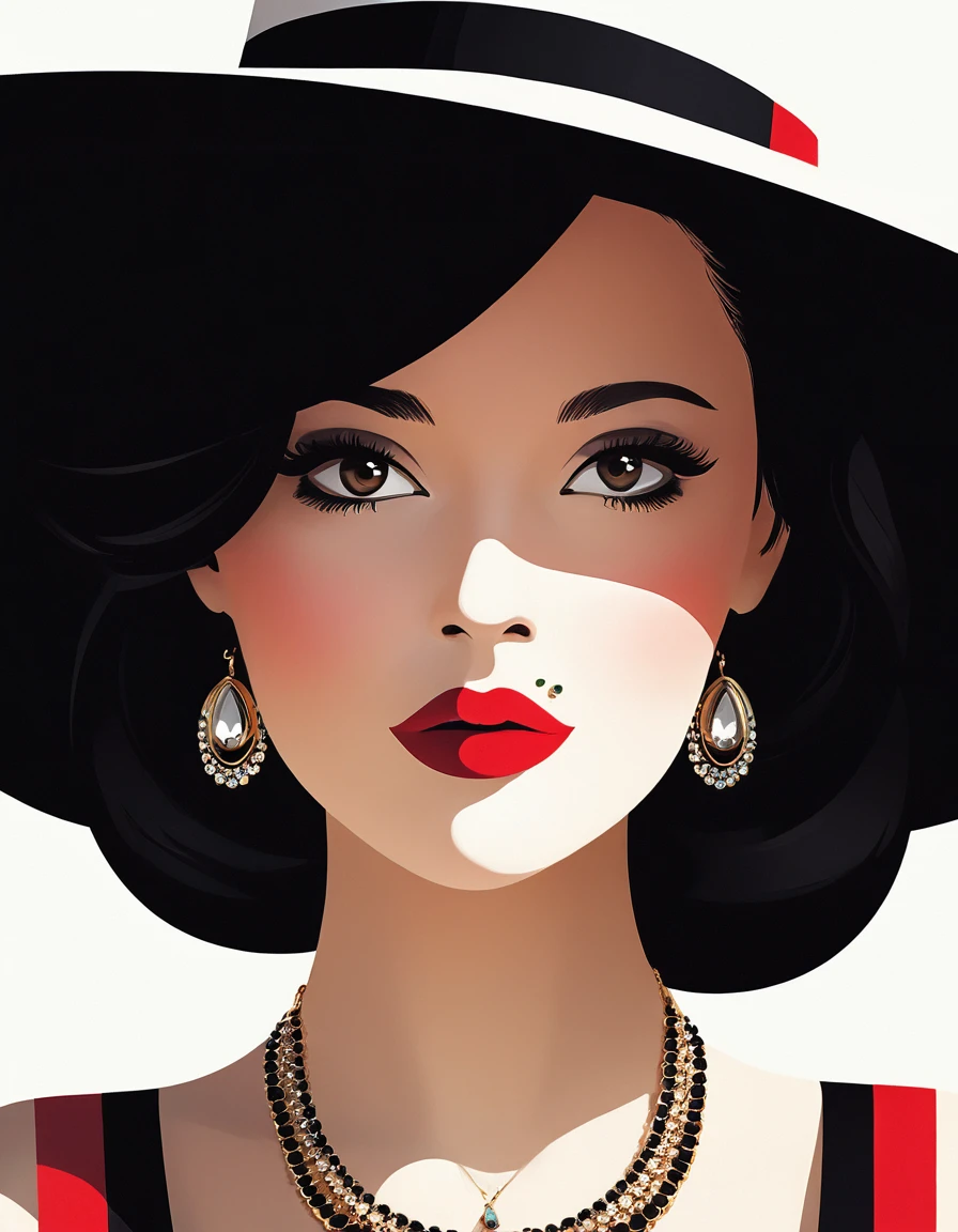 ((Malika Favre style)), (Flat Design: 1.23), Portrait of a Cute Woman, Wide-brimmed Hat, Jewelry, Close-up, Red, Black, White, Bust Shot, Vector Art, Fashionable: 1.2, (Malika Favrestyle),