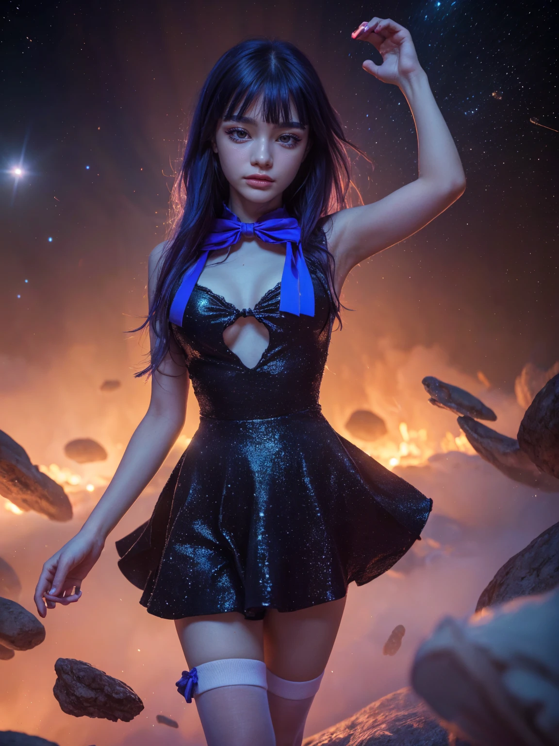 (1 lady), (Best quality at best:1.4), (ultra - detailed), (extremely detailed CG unified 16k), A Beautiful Woman with Perfect Figure: 1.4, Sharp Focus: 1.2, purple hair, very detailed, High-definition RAW color photo, professional photoshooting, amazing face and eyes, cosmetics, (amazingly beautiful girl), ((frederica bernkastel)), NOT Dasha Taran, ((exact clothes: dress, bowtie, mary janes, socks, cat tail, tail bow, tail ornament)), levitating in a cute posture, (floating in space), (She's levitating in a cosmic sea, outer space:1.3, quantum hyperspace room lacking walls, hyperspace chamber, extremely detailed background, a lot of details background, realistic background), (look from down), realistic cinematic face, head to feet long wide zoomed out view, full body long view, photorealistic, ((realistic natural purple hair style, purple eyes)), gorgeous, extremely beautiful face, perfect model beauty, pout mouth, Highly Detailed Face and Skin Texture, Detailed Eyes, Double Eyelids, Big Breasts, Expressionless, (masterpiece), best quality, high resolution, extremely detailed, cinematic lighting, amazing legs, high heels, clear and well-cared skin, pale skin