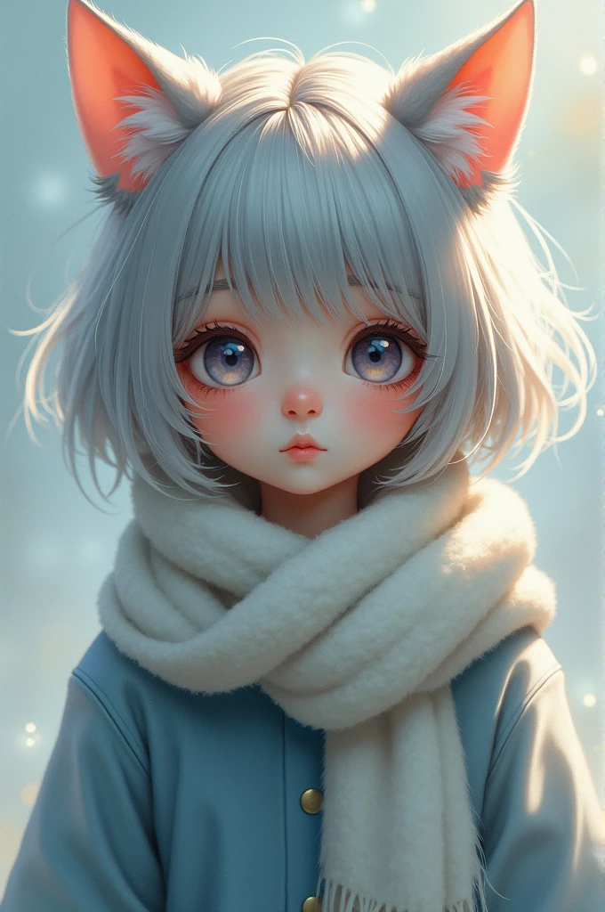 The girl with gray hair wears blue clothes and a scarf. She also has ears like a cat