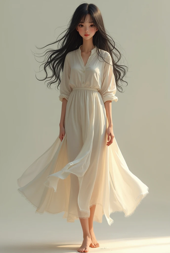 "A slim brunette woman with long black hair, round and expressive eyes, brown lips, short stature, dressed in a dress consisting of a long skirt and a white shirt, barefoot, without shoes, with a relaxed and natural posture."
