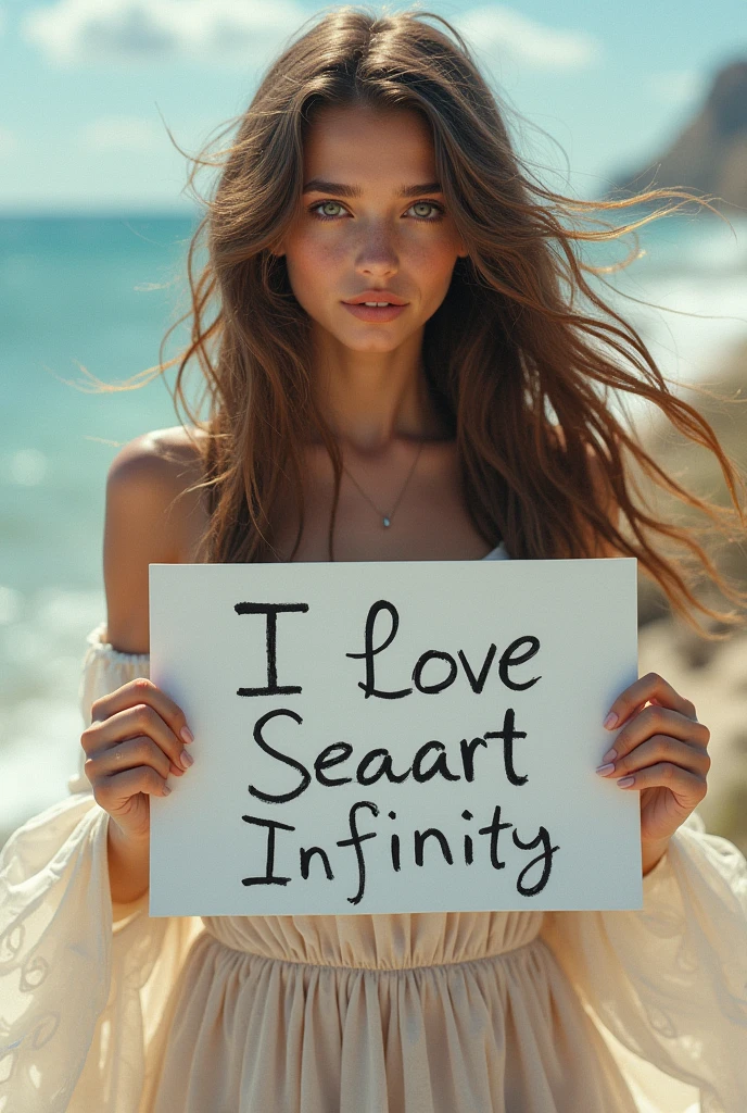 Beautiful girl with wavy long hair, bohemian dress, holding a white board with text "I Love Seaart Infinity" and showing it to the viewer