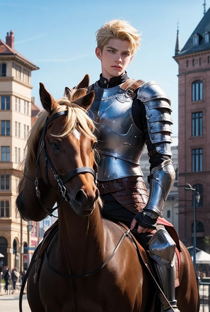  Handsome guy, in armor, Blonde curly , short hair, blue eyes, serious, on horseback. Background: market square 