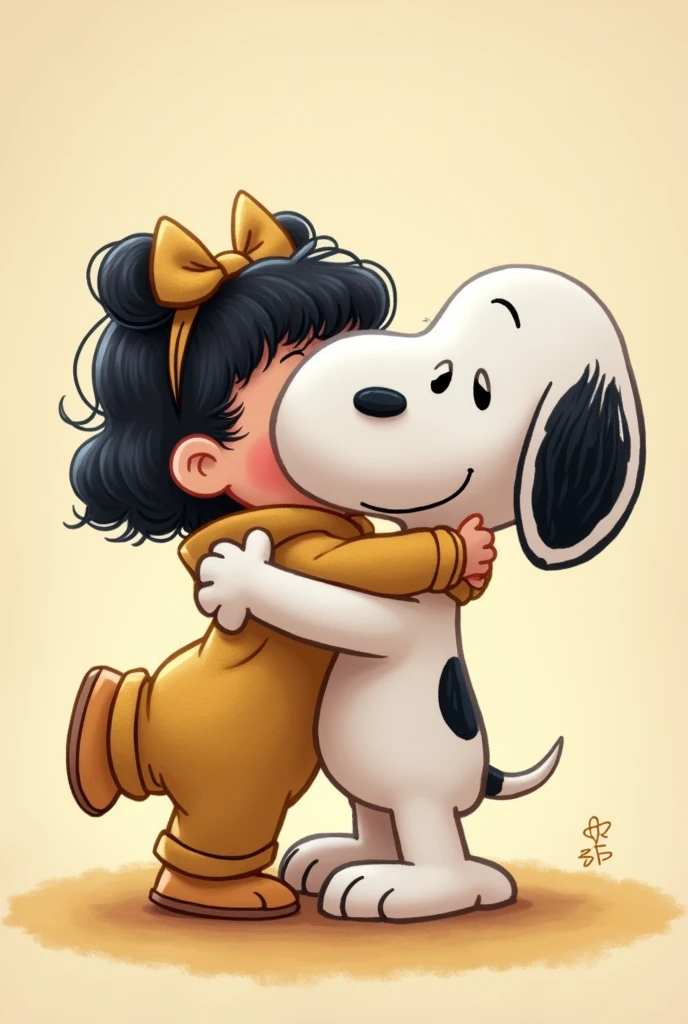 Snoopy with a hugging him, a is a baby with short black hair and blue eyes wearing a jumpsuit , shorter hair with hairstyle, two pigtails