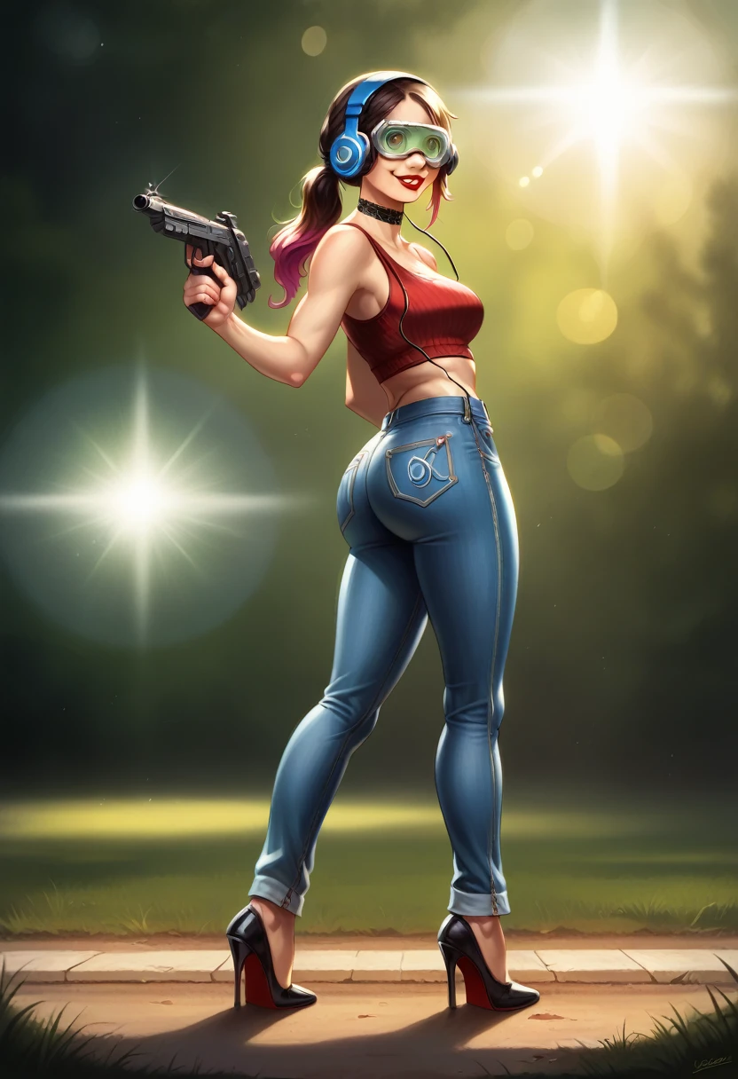 ((shooting gun)),((target practice, shooting range:1.4)).(sultry eyes, flirty smile:1.2).(ultra realistic illustration:1.3).Sexy 23yo French woman, dyed red hair, green eyes. fit, natural perky breasts, perfect round ass, (suntan). (bangs, long hair:0.8), red lipstick, ponytail, ((safety goggles, headphones)), choker, lace tank top, jeans, high heels. Masterpiece, best quality,(highly detailed:1.2),(detailed face and eyes:1.2), 8k wallpaper, depth of field, natural lighting. core shadows, high contrast, bokeh.(rule of thirds), cinematic, atmospheric, contrast, intricate,