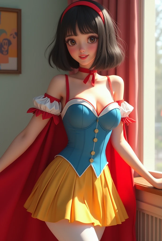 1girl, cute,, large breasts, narrow waist,wide hip,bob hair, bright eyes white fine skin,small mouth,slender, sexy pose silk blue corset, red white slashed puffer shoulder sleeves, silk yellow pleated skater silk skirt, white leggings, red hairband, red cape, maximum resolution, beautiful Alison Brie, ulzzang, beautiful sks woman, alison brie, photorealistic