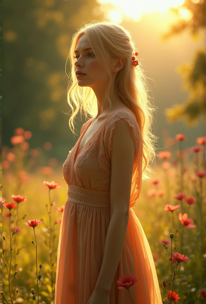 (8k, Foto RAW, Realistic, photo-realistic, hyper-realistic, extremely high quality, best qualityer, master part, highy detailed, absurdrez: 1.2), ([Emily Browning:Gemma Arterton]), 1girl, standing alone, Fey, eleven, faerie, fancy, fairy circle, cercado por flowerses, delicate features, golden hair, golden-hour, Mystical aura, serene expression, delicate features, eyes locked, in meditation, cercado por criaturas da flowersesta, cabelo adornado com flowerses, wearing a pure sun dress made of leaves, , surrounded by butterflies, surrounded by birds, surrounded by sunlight, (breasts big:1.2), (flowers:1.1), floating petals, transparent, translucent, dull, pale ivory white skin, (Ultra-detailed 16K skin texture with minor imperfections:1.2), Eggplant and Dendelion color palette, Ultra-sharp focus, shallow depth of field, Volumetric lighting, specular illumination, Global lighting, volumetric mist, silhuette, transparent, Transparent dress, breasts bouncing out, neckleace, neckleace chique, invisible clothes, torn garments, clothes missing pieces, very little clothes, clothes in tatters, pubic hair, hair in the crotch, gigant ass, mulher gigant ass, Bottom-up view, raised leg, leg up