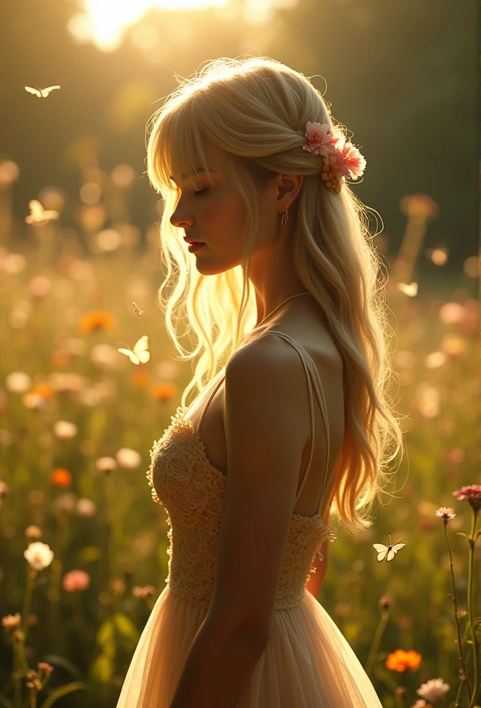 (8k, Foto RAW, Realistic, photo-realistic, hyper-realistic, extremely high quality, best qualityer, master part, highy detailed, absurdrez: 1.2), ([Emily Browning:Gemma Arterton]), 1girl, standing alone, Fey, eleven, faerie, fancy, fairy circle, cercado por flowerses, delicate features, golden hair, golden-hour, Mystical aura, serene expression, delicate features, eyes locked, in meditation, cercado por criaturas da flowersesta, cabelo adornado com flowerses, wearing a pure sun dress made of leaves, , surrounded by butterflies, surrounded by birds, surrounded by sunlight, (breasts big:1.2), (flowers:1.1), floating petals, transparent, translucent, dull, pale ivory white skin, (Ultra-detailed 16K skin texture with minor imperfections:1.2), Eggplant and Dendelion color palette, Ultra-sharp focus, shallow depth of field, Volumetric lighting, specular illumination, Global lighting, volumetric mist, silhuette, transparent, Transparent dress, breasts bouncing out, neckleace, neckleace chique, invisible clothes, torn garments, clothes missing pieces, very little clothes, clothes in tatters, pubic hair, hair in the crotch, gigant ass, mulher gigant ass, Bottom-up view, raised leg, leg up