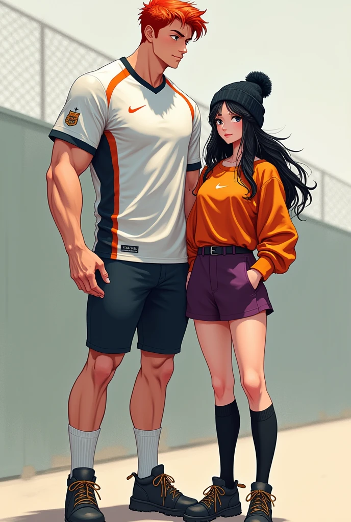 Tall boy in football uniform, semi-short red hair and white skin with his short girlfriend with semi-long black hair wearing a black beanie with an orange blouse and a purple skirt with high socks
