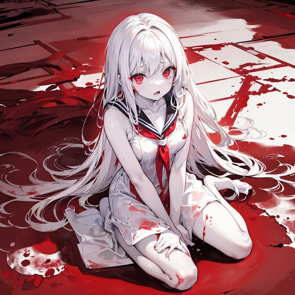 One Woman,((White skin, Sitting on the floor, sorrow,despair)) background((red,Muddy color))A calm face,Open mouth Light 黒い hair,ショートボブ red目,There are no highlights,A dull sailor suit,Black paint splash,red 