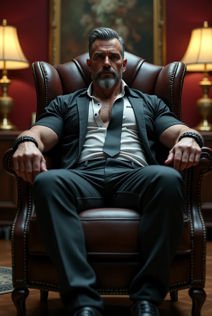 Hyper-realistic very attractive mature muscular handsome hunk white man, his big dick outside his pants, gentle and malicious smirk, thick legs, huge calves, sitting, full body, seated in a relaxed way, at office, seated on a boss leather chair, grey very short hair, well designed grey goatee, hyper-detailed background, cinematic, uhd, 8k, high resolution, perfect result, best quality, detailed work, wearing a black leather pants, a black shirt, a tie, a formal white shirt, and black leather force wrists on both arms, hairy body