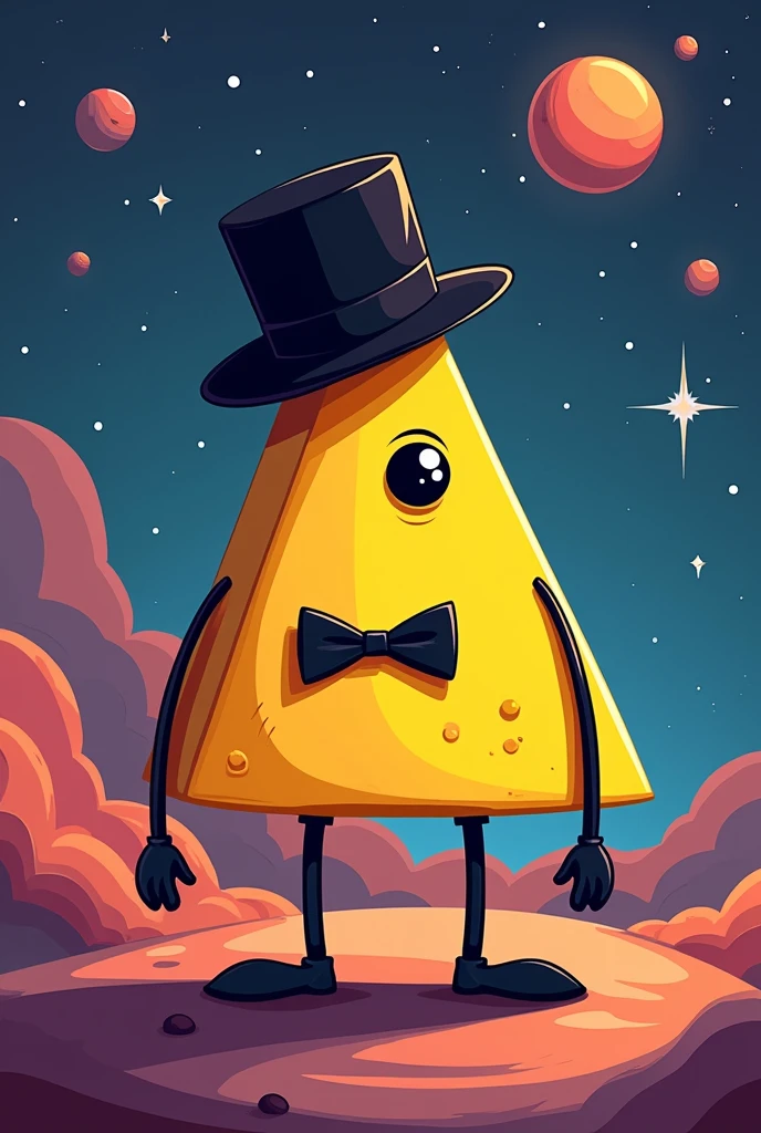 A yellow triangle with a black hat, one-eyed, black bow and limbs(Arms and legs) thin and black. Cartoon style and space background
