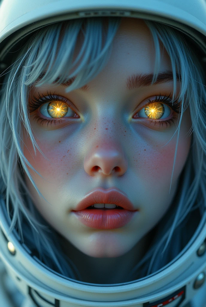 (Close-up of a better masterpiece:1.5)0.9], (Space and astronauts:1.2) (Messy silver hair:1.1) (Heterochromia xanthochromia and blue eyes:1.2) (Space Helmet:1.0) (Colored stars in the eyes:1.0) (A radiant glow:1.1) (thick lips:0.9)