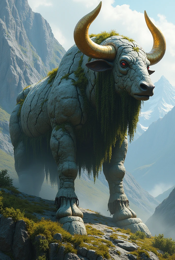 A colossal being of living rock, with the appearance of a large bull carved in stone. His skin is hard as granite, covered with moss and vines growing between the cracks. The horns of the Rocamontes are made of precious minerals and shine with a golden glow.. Despite its imposing appearance, It is a peaceful creature that roams the mountains., protecting the valleys and the creatures that live in them. Its presence guarantees the fertility of the land and the stability of the environment., acting as a silent guardian of nature